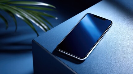 Poster - Modern Smartphone on Blue Surface With Palm Leaf, Showcasing Mobile Technology and Digital Lifestyle, Ideal for Tech Product Presentation and E-Commerce : Generative AI