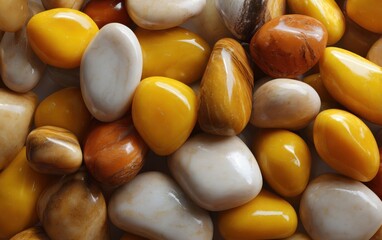 Poster - Pile of Polished River Stones in Yellow and White, Symbolizing Natural Beauty and Wellness Practices : Generative AI
