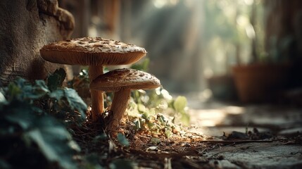 Aufkleber - Two Mushrooms Growing in Forest Sunlight, Symbolizing Natural Beauty and Ecological Awareness for Environmental Conservation Campaigns : Generative AI
