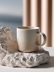 Aufkleber - Minimalist Mug on Rock Display, Ideal for Product Mockups and Promoting Sustainable Lifestyle Choices, With a Focus on Simplicity and Natural Beauty : Generative AI