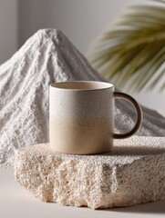 Aufkleber - Ceramic Mug on Porous Stone Block, Representing Minimalist Lifestyle and Sustainable Living, with Mountain Backdrop for Home Decor Advertising : Generative AI