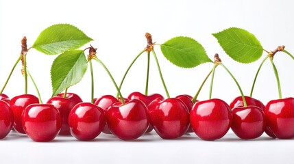Poster - Fresh Red Cherries With Green Leaves on White Background, Symbolizing Healthy Eating and Summer Produce : Generative AI