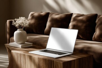 Leinwandbilder - Laptop on Wooden Table in Living Room With Flower Vase, Ideal for Remote Work and Home Office Productivity, Representing Modern Lifestyle and Digital Nomadism : Generative AI