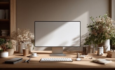 Leinwandbilder - Minimalist Home Office Setup With Blank Monitor Screen, Ideal for Remote Work and Digital Lifestyle Mockups, Featuring Natural Light and Wooden Desk : Generative AI