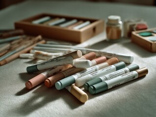 Aufkleber - Pastel Sticks and Art Supplies on Tabletop, Representing Artistic Expression and Creative Inspiration for Art Education and Skill Development : Generative AI