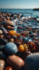 Poster - Colorful Rocks in Shallow Water at Beach, Symbolizing Serenity and Natural Beauty for Travel and Tourism Marketing : Generative AI