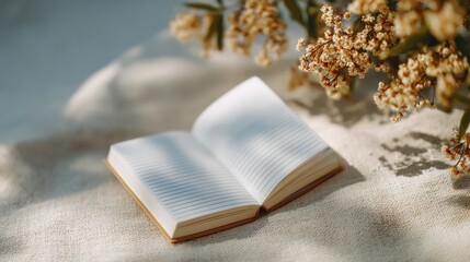 Poster - Open Notebook With Blank Pages and Dried Flowers in Sunlight, Representing Journaling, Reflection and Personal Growth, Ideal for Wellness Content : Generative AI