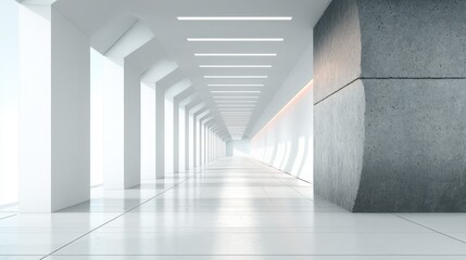 Fototapete - Bright White Hallway With Concrete Column, Showcasing Minimalist Architecture and Modern Office Space Design, Ideal for Real Estate or Corporate Branding : Generative AI