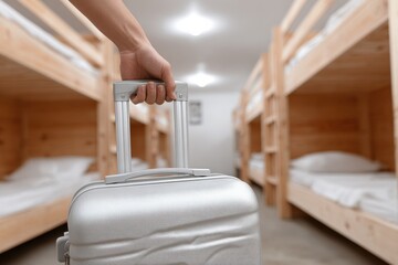 Poster - Person Pulling Suitcase in Hostel Dormitory, Representing Budget Travel and Backpacking Adventure : Generative AI