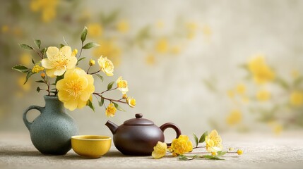 Aufkleber - Still Life of Yellow Flowers in Vase Next to Tea Set, Symbolizing Tranquility and Mindfulness for Wellness Retreats and Relaxation Products : Generative AI