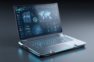 Fototapete - Futuristic Laptop Displaying Data and World Map, Illustrating Digital Transformation and Technological Advancement for Business Intelligence and Global Communication : Generative AI