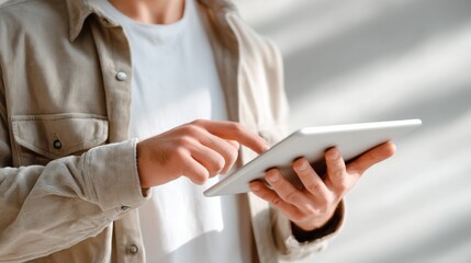 Poster - Man Using Tablet Device, Representing Digital Transformation and Modern Communication, Perfect for Technology and Business Applications in a Bright Environment : Generative AI