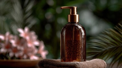 Poster - Elegant Dispenser Bottle on Towel With Tropical Plants, Representing Self-Care and Spa Relaxation for Beauty Product Marketing and Wellness Promotion : Generative AI