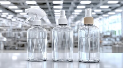 Poster - Three Clear Spray Bottles in a Clean Manufacturing Environment, Showcasing Product Packaging and Pharmaceutical Production : Generative AI