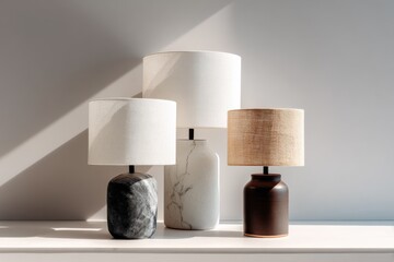 Aufkleber - Three Stylish Table Lamps with Different Textures and Colors, Ideal for Home Decor and Interior Design Projects, Showcasing Craftsmanship and Modern Minimalism : Generative AI