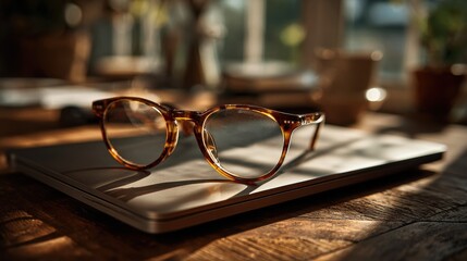 Leinwandbilder - Eyeglasses Resting on Laptop in Warm Sunlight, Symbolizing Remote Work and Digital Wellbeing at Home Office, Representing Productivity and Focus : Generative AI