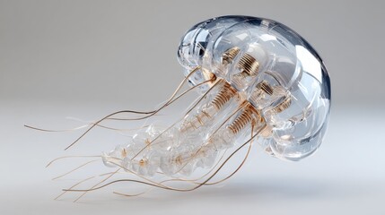 Aufkleber - Elegant Transparent Jellyfish With Golden Accents on White, Symbolizing Futuristic Technology and Marine Conservation Awareness : Generative AI