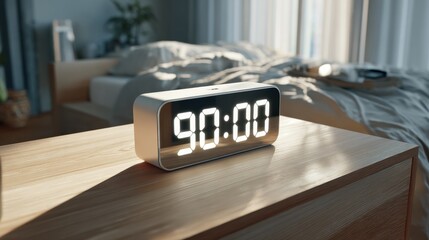 Poster - Digital Clock Displaying 9:00 AM on a Wooden Nightstand, Representing Morning Routine and Time Management for Productivity : Generative AI