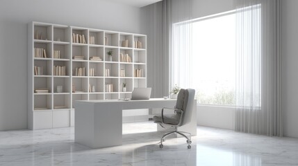 Leinwandbilder - Bright Modern Office Interior With Desk, Laptop, and Bookshelf, Representing Productivity and Professional Workspace Design : Generative AI