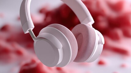 Poster - Pink Headphones Floating on Soft Red Background, Representing Audio Technology and Immersive Entertainment Experience : Generative AI