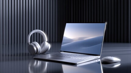 Aufkleber - Sleek Laptop and Headphones on Desk, Showcasing Modern Technology and Digital Lifestyle for Productivity and Remote Work : Generative AI