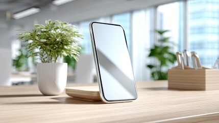 Leinwandbilder - Smartphone Mockup on Wooden Desk in Modern Office, Showcasing Technology and Workplace Productivity for Digital Marketing : Generative AI
