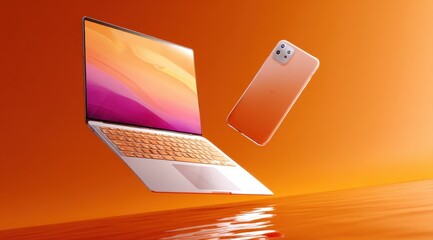 Aufkleber - Laptop and Smartphone Floating in Orange Space, Showcasing Connectivity and Modern Technology for Digital Transformation and Innovation : Generative AI