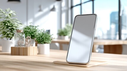 Aufkleber - Modern Smartphone Mockup Displayed on Wooden Desk With Plants, Ideal for App Promotion and Digital Marketing Campaigns, Showing Clean Design : Generative AI