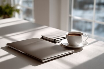 Leinwandbilder - Laptop, Coffee, and Notebook on Desk by Window, Illustrating Remote Work and Digital Lifestyle, Ideal for Productivity and Entrepreneurship Content : Generative AI