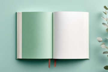 Aufkleber - Open Mint Green Book With Blank Pages and Eucalyptus Branch, Ideal for Journaling, Creative Writing, and Personal Reflection : Generative AI