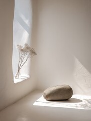 Aufkleber - Minimalist Still Life With Stone and Dried Flowers in White Corner, Representing Serenity and Interior Design : Generative AI