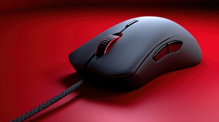 Poster - Black Gaming Mouse With Red Accents on a Red Surface, Representing Technology and Digital Entertainment, Perfect for Esports and Streaming Content : Generative AI
