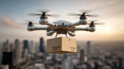 Aufkleber - Drone Delivering Package Over City Skyline at Sunset, Representing Logistics Innovation and E-Commerce Efficiency : Generative AI