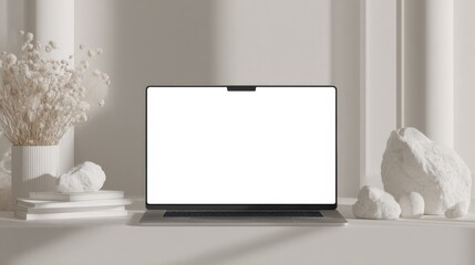 Aufkleber - Laptop With Blank White Screen Surrounded by Books, Flowers, and Rocks, Ideal for Mockup and Showcasing Digital Transformation : Generative AI