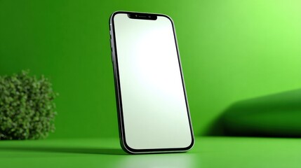 Aufkleber - Smartphone With Blank White Screen on Green Background, Ideal for Mobile App Advertising and Product Presentation Mockups : Generative AI