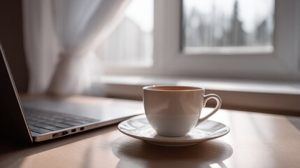 Leinwandbilder - Coffee Cup and Laptop on Desk Near Window, Representing Remote Work and Morning Productivity, Ideal for Freelance Lifestyle or Online Education : Generative AI