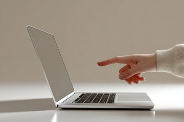 Poster - Finger Pointing at Laptop Screen in Minimalist Setting, Representing Digital Transformation and Modern Technology Use : Generative AI