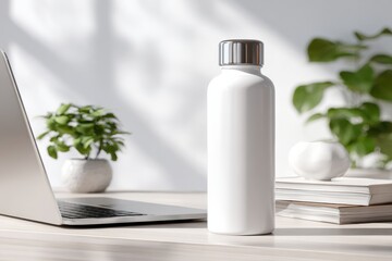 Leinwandbilder - White Water Bottle on Desk Next to Laptop, Representing Hydration and Wellness in the Workplace, Ideal for Promoting a Healthy Lifestyle : Generative AI