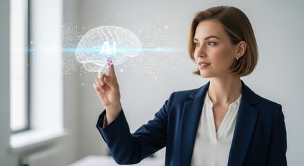 Poster - Young woman touching digital brain with AI letters. Artificial intelligence concept for futuristic technology and machine learning development.