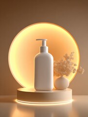 Aufkleber - Minimalist Product Display With White Bottle and Flowers, Representing Clean Beauty and Wellness Marketing for Natural Cosmetics : Generative AI