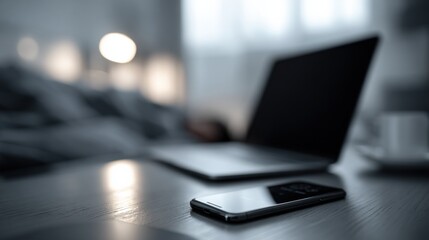 Poster - Laptop and Smartphone on Desk in Dim Light, Representing Remote Work Productivity and Digital Communication : Generative AI