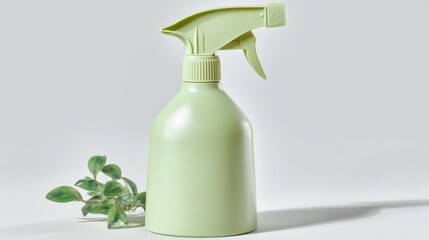 Poster - Pastel Green Spray Bottle With Plant on White Background, Ideal for Eco-Friendly Cleaning Products and Sustainable Lifestyle Marketing : Generative AI