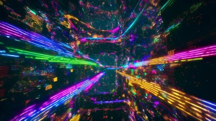 Poster - Vibrant neon light tunnels: dynamic journey through colorful digital metropolis