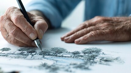 Poster - Hand Sketching a Landscape with Trees on White Copy Space