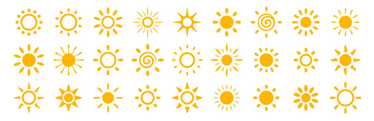 Poster - Sun icon set. Summer day logo. Sunny weather signs in warm yellow color. Hope symbol. Solar energy label. Beach vibe logotype. Vector illustration