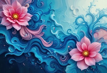 Poster - Vibrant pink flowers blend with swirling blue waves to create a stunning abstract art piece