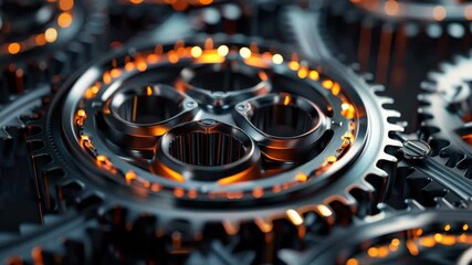 Leinwandbilder - Close-up view of intricate mechanical gears with glowing orange highlights in a high quality 4k setting showcasing precision engineering and craftsmanship