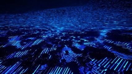 Poster - Futuristic blue particle waves cascading over digital landscape with dynamic motion