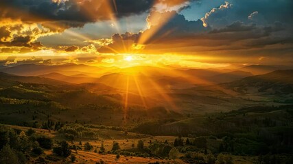 Aufkleber - Stunning sunset over rolling hills with clouds illuminating the sky and casting warm light on the landscape in a serene natural setting