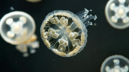 Aufkleber - Elegantly drifting jellyfish gliding through water in stunning 4k, showcasing their delicate movements and bioluminescence in a mesmerizing underwater environment